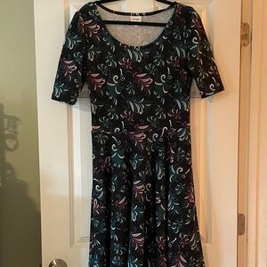 LuLaRoe Black Dress with Red and Blue Swirls